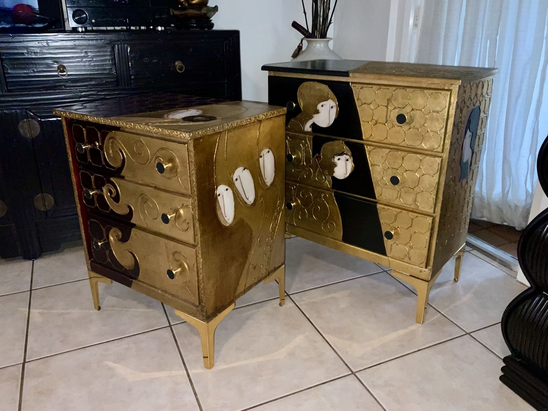 Rare Stephen White Art Furniture Side End Tables Dresser Accent Piece Gold Black Unique One Of A Kind