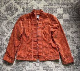 Chico’s Orange Brocade Embossed Bohemian Corduroy Open Ruffle jacket- size 1 (Medium)
