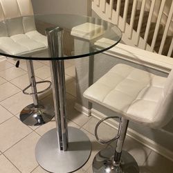 Glass High Top Table With New White Stools 