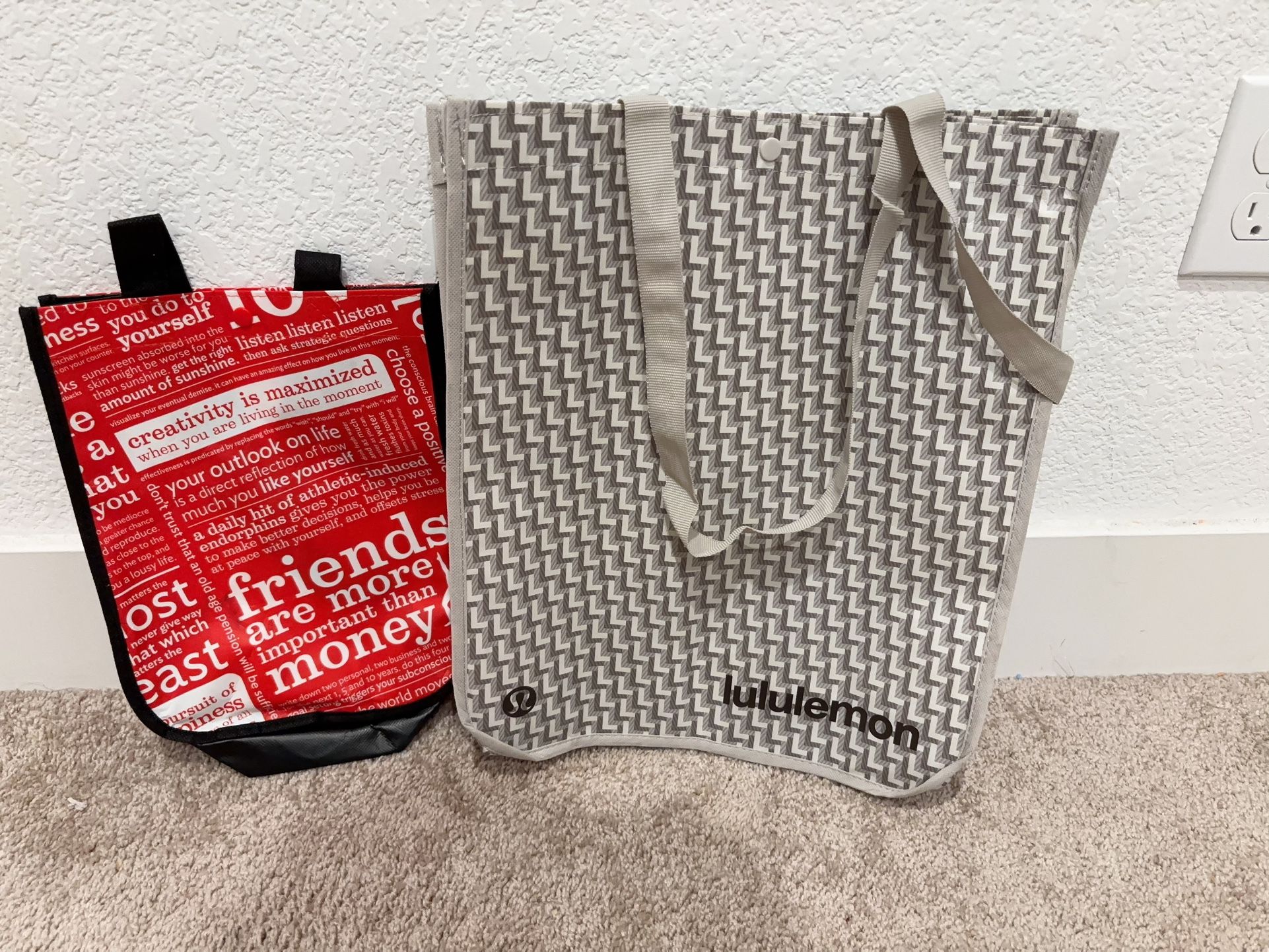 2pc Lululemon Reusable Totes 1 Used Small Bag 1 New Large Multi Color