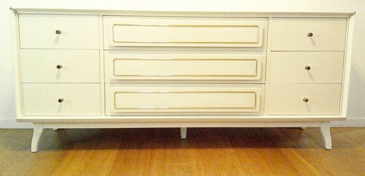 Midcentury Modern - Solid Wood White Dresser w / Gold Trim - Delivered