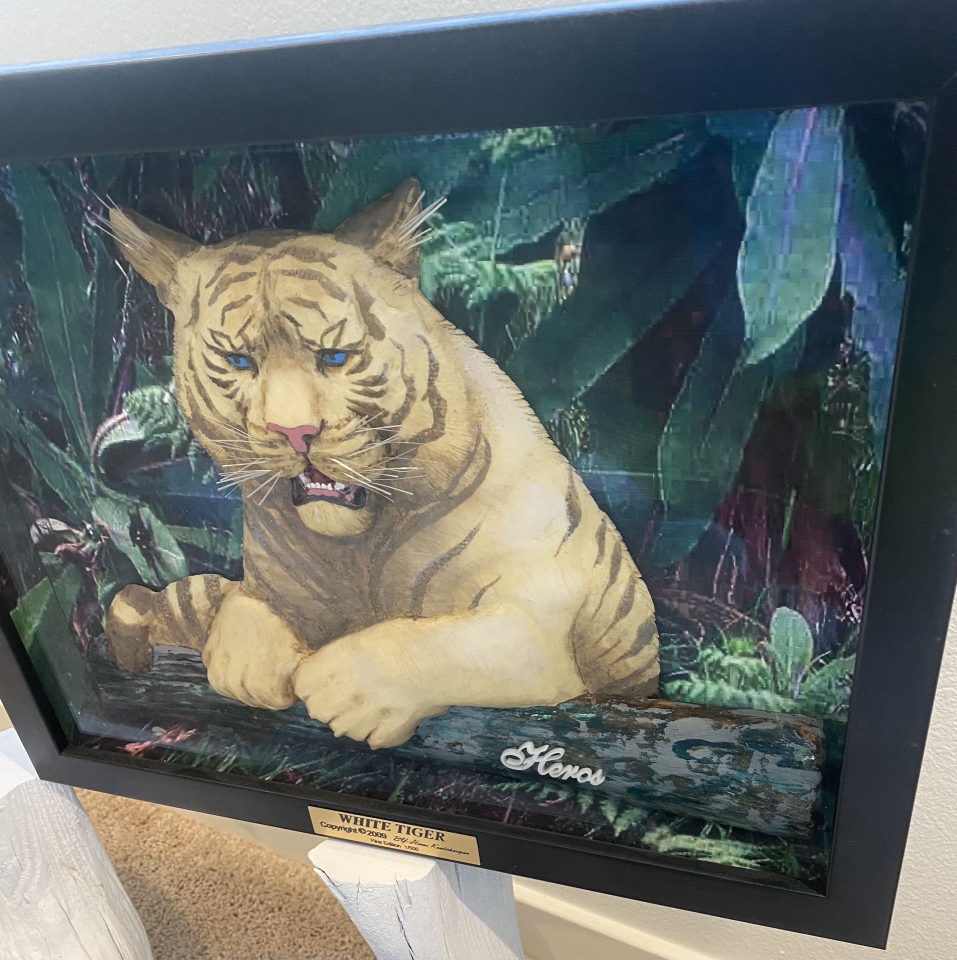Very unique 1 of a kind 3-D effect beautiful hand sculpted and hand painted White Tiger enclosed in a very expensive shadow box. Set in a high quali
