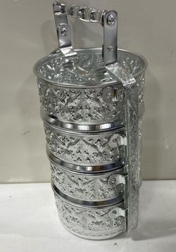 Handcrafted Thai 4-Tier Tiffin Food Carrier (Pinto) | Embossed Silver Aluminum