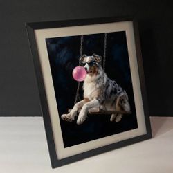 Cool Australian Shepherd Art Print – Dog on Swing with Bubblegum & Sunglasses art print 10x12”