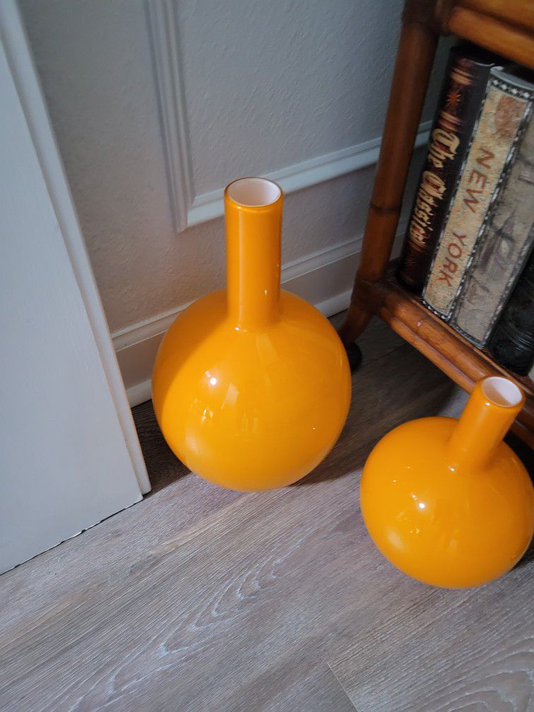 2 Orange Vases That Are 15inches Tall And 10inches Tall 