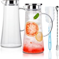 1.4 Liter 47 Ounces High Borosilicate Glass Carafe/Pitcher Set of 2 with Stainless Steel Flip-top Lid,Hot/Cold Water Jug,Juice/Iced Tea,Wine,Coffee,Mi
