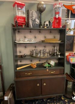 Vintage Mid Century Wood Hutch Display Cabinet