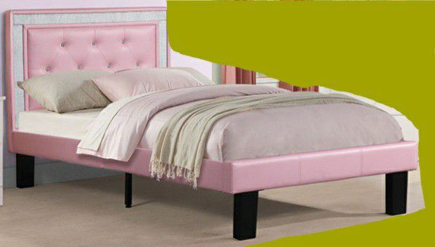 New Twin Size Pink Tufted Upholstered Bed W/New Mattress Included 