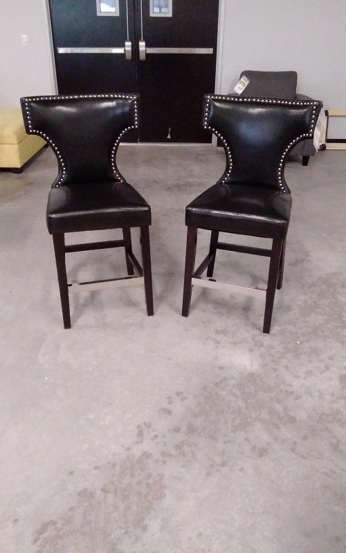 Bar Stools, 24.5" Counter Height Seat, Black Faux Leather, Set Of Two
