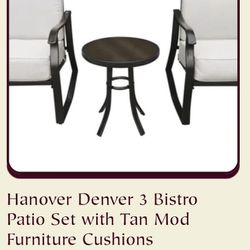 Hanover Denver 3 Bistro Patio Set with Tan Mod Furniture Cushions