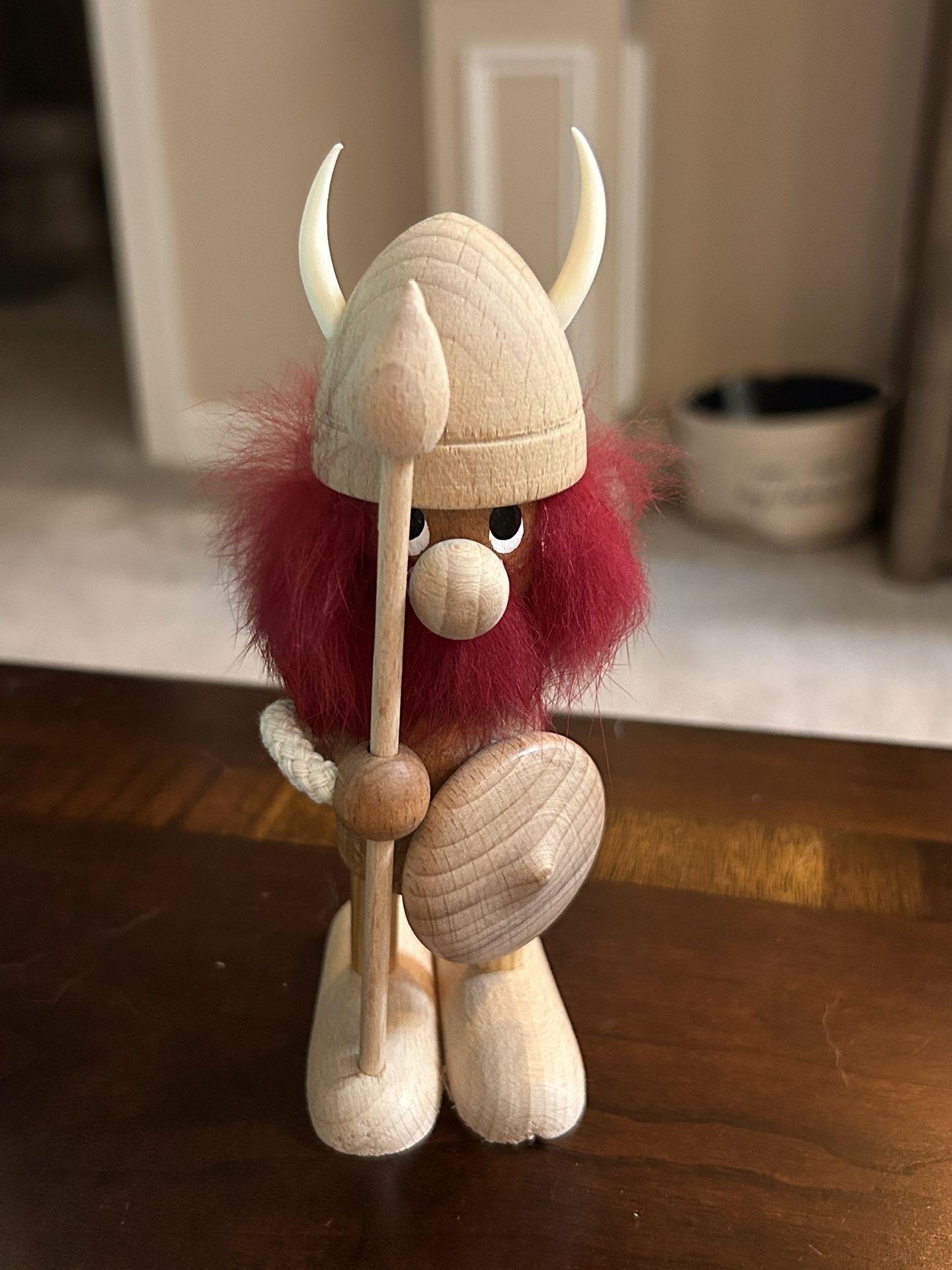 Scandinavian Miniature Danish Viking. Wooden Handmade Figurine. Made in Denmark Stamp on Foot.