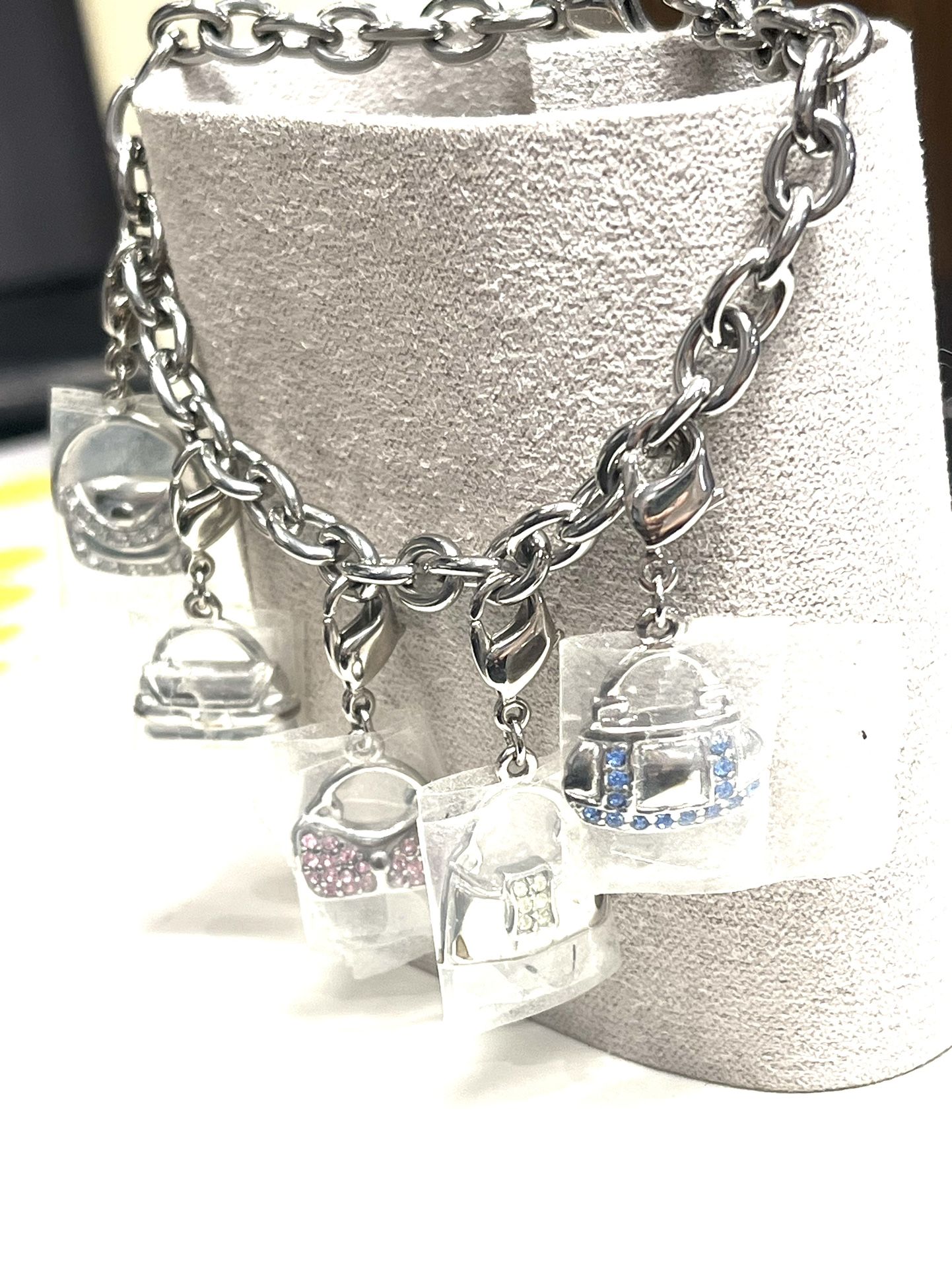 Stainless Steel Rhinestone Purse Charm Bracelet