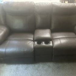 Brown Leather Reclining Couch with Cup Holders & Storage Compartment - (Open To Offers) 