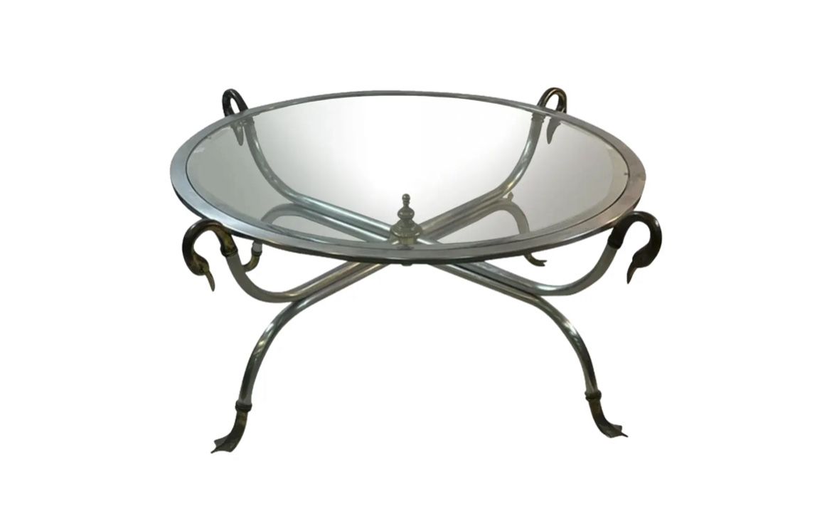 1960s Modernist Maison Jansen Steel & Brass Swan Head Coffee Table for restoration Hollywood regency