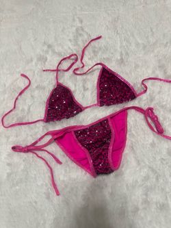 front panels. Triangle top and tie-side bottoms. Sparkly accent for a standout beach look.  New small Hot Pink Sequin Bikini rave raver festival y2k e
