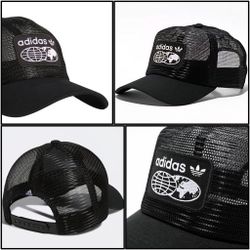 LIKE NEW ADIDAS ORIGINALS WORLDWIDE FULL MESH ADJUSTABLE SNAPBACK TRUCKER HAT BLACK PATCH MEN'S ONE SIZE FITS ALL CAP