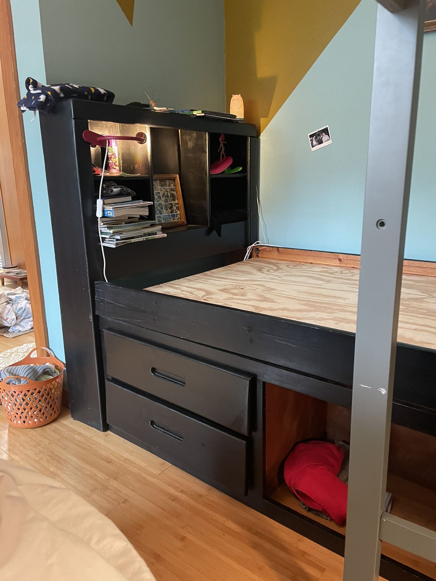 Twin Size Captain Bed W/ 4 Drawers And A Hide Out Nook Or Extra Storage! Black color 
