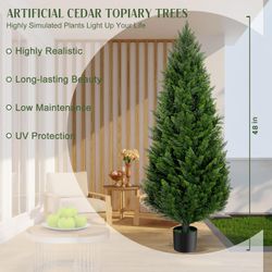 4FT Artificial Topiary Cedar Trees Outdoor Set of 2 Faux Pine Potted Plants 48'' UV Resistant Long Lasting Evergreen Fake Cypress Shrubs for Home Fron