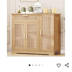 Rattan Sideboard Buffet with Drawer & 3 Doors, Floor Storage Cabinet with Adjustable Shelf, Accent Cabinet 