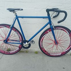 Blue Road Bike Fixie with New Deep Dish Wheelset 