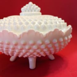 Fenton Hobnail Milk Glass Candy Dish With Lid, Scalloped Edges, 4 Legs, Excellent Condition 