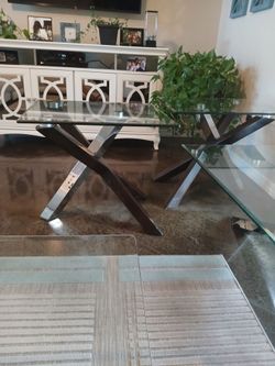 Set of 3 Beautiful Criss Cross Tempered Glass / Chrome/wood tables Make Offer