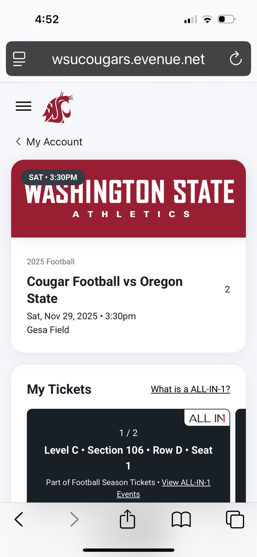WSU 2 Club Level Seats Sec 106 Row C Vs Oregon State Nov 29 3:30