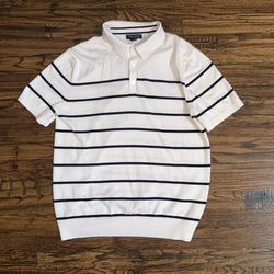 Banana Republic Beige Striped Supima Knit Cotton Sweater Polo Shirt Size Large