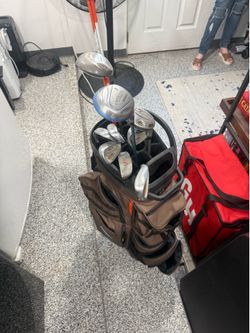 Golf clubs and bag.