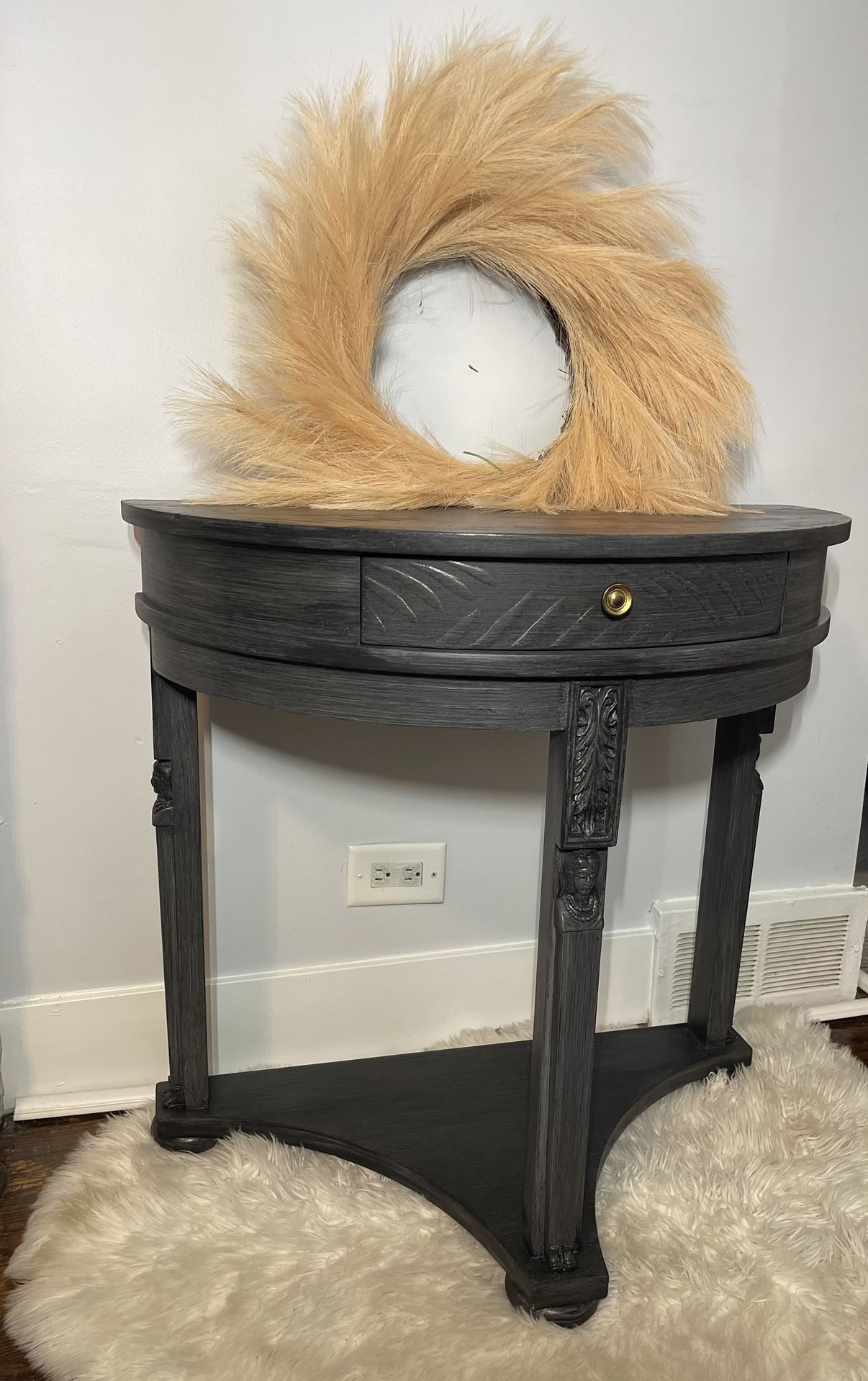Half-Moon Console Table with a drawer and lower shelf redone in Brushed Gray