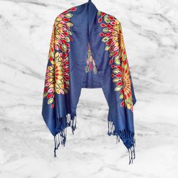 Soft Shawl / Wrap Pashmina Hand-knitted. Blue With Multicolored Designs. New Handmade
