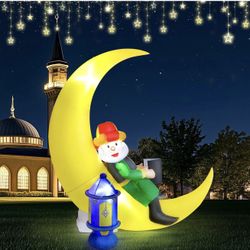 Ramadan Inflatable Decorations 5.8Ft, Eid Mubarak Moon + Ramadan Lantern Inflatable with 4 Bright LED Lights, Eid Mubarak Muslim Holiday Outdoor Yard 