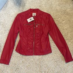 New Guess Red Silver accents zipper long sleeve Jacket faux leather ruching small