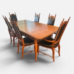 Vtg Renaissance Revival Dining Table 6 Studded Leather Chairs Solid Oak Wood