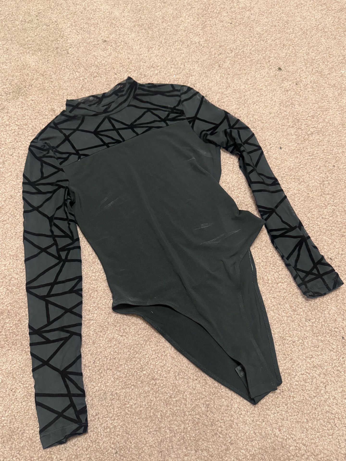 New Small Black Long Sleeve Stretchy Velvet Mesh Top Bodysuit