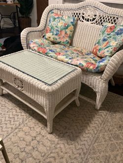 White Wicker Loveseat and Coffee Table Set