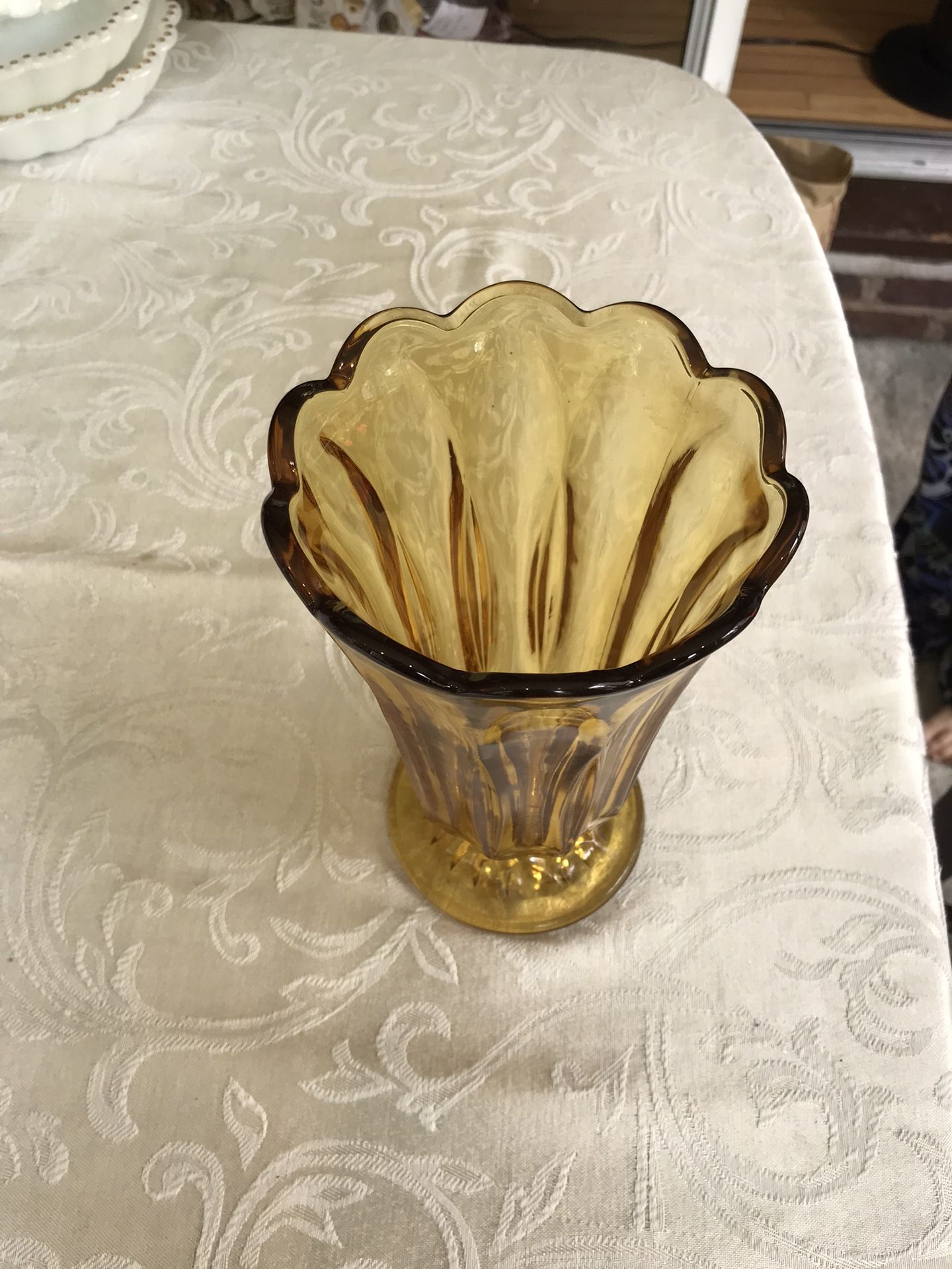 Vintage Anchor Hocking Amber Glass Ruffled Fluted Vase