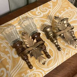 Vintage Homco Double Wall Sconce with Glass Candle Holders Wood & Gold Metal