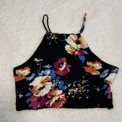 House Of Harlow 1960 Women Black Floral Halter Crop Top 