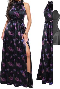Popilush Floral Halter Neck Maxi Dress with Slit