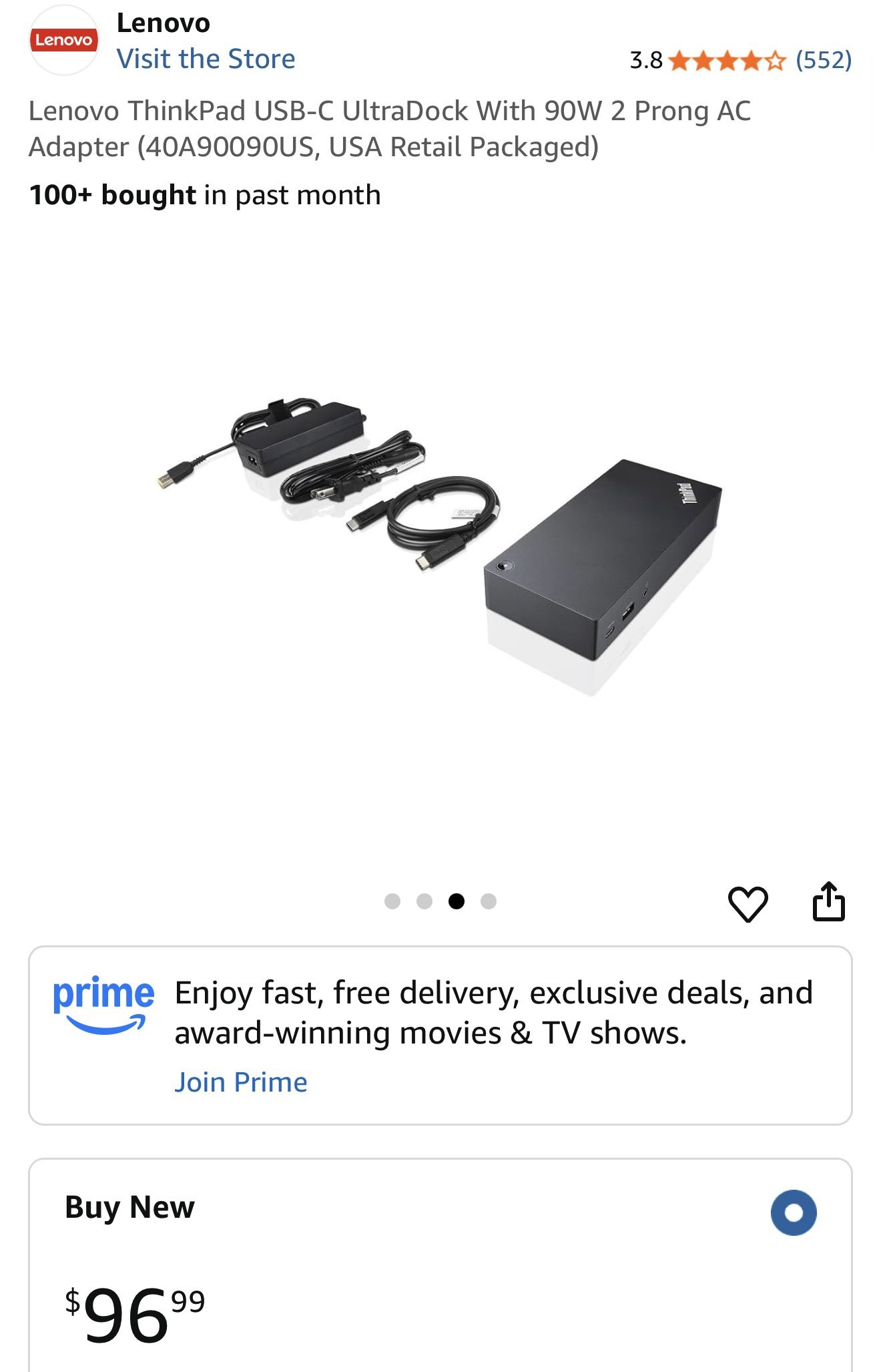 Lenovo ThinkPad USB-C UltraDock With 90W 2 Prong AC Adapter