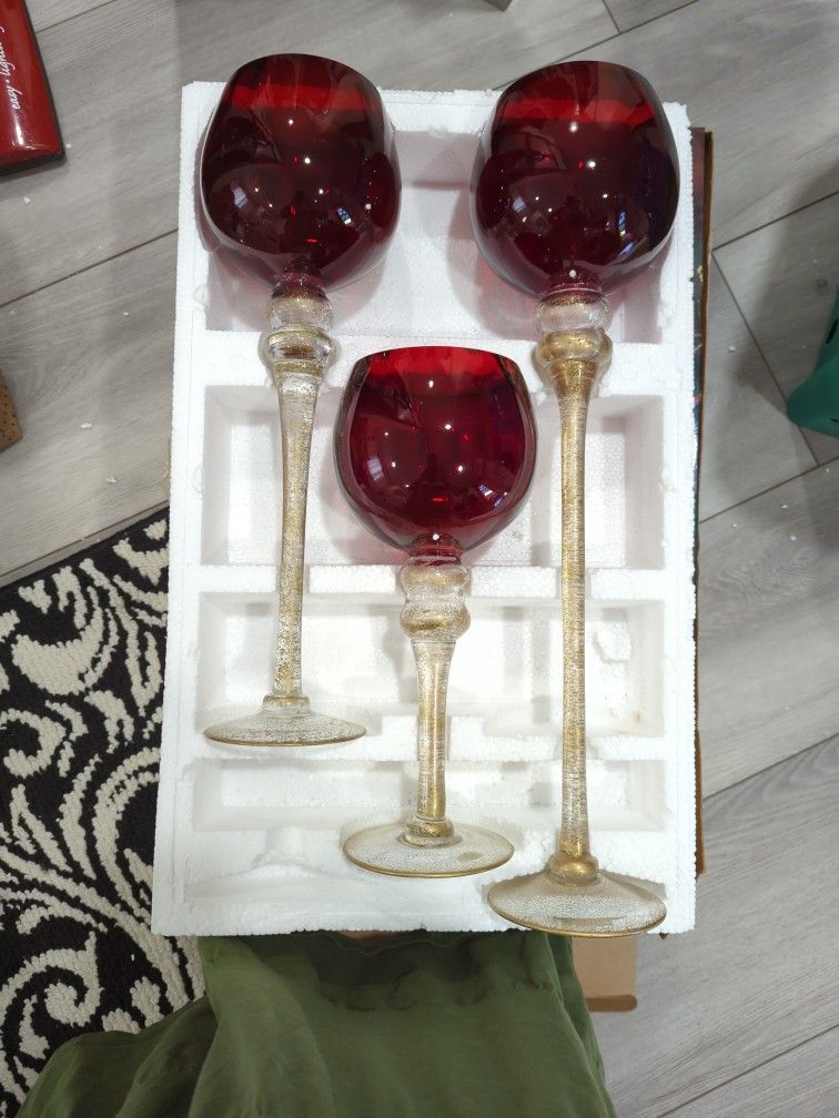 Red Glass Goblet Candle Hurricanes 