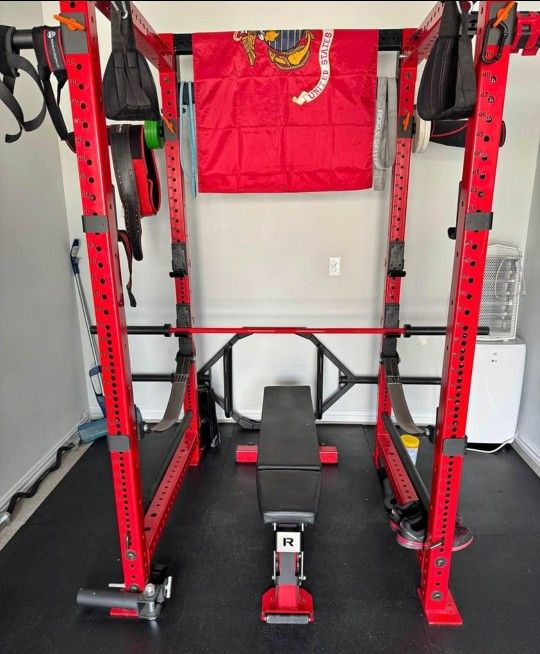 ROGUE FITNESS SET - RACK, BAR, BENCH - Gym Set RML490C 3.0 Power Rack, Squat Rack, Ohio Power Barbell, Adjustable Bench 3.0, Rouge