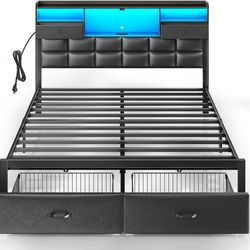 M172-Bed Frame Queen Size with Drawers and Charging Station, Upholstered Platform Bed with Storage Headboard and LED Light, Heavy Duty Metal Frame Sup
