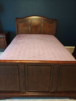 Queen Dark Cherry Wood Sleigh bed frame and Temur-Pedic adjustable massage base and mattress