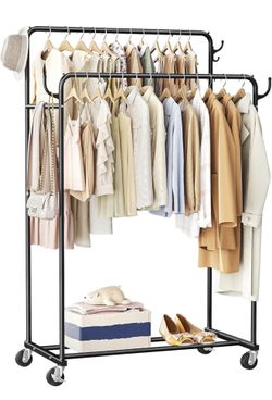 New Clothes Rack, Rolling Clothing Rack with Double Rods for Hanging Clothes