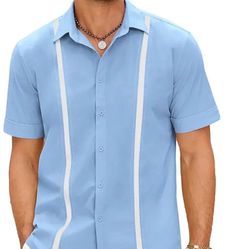 Men Short Sleeve Button-Up Casual Cuban Guayabera Beach Shirt Sz XL