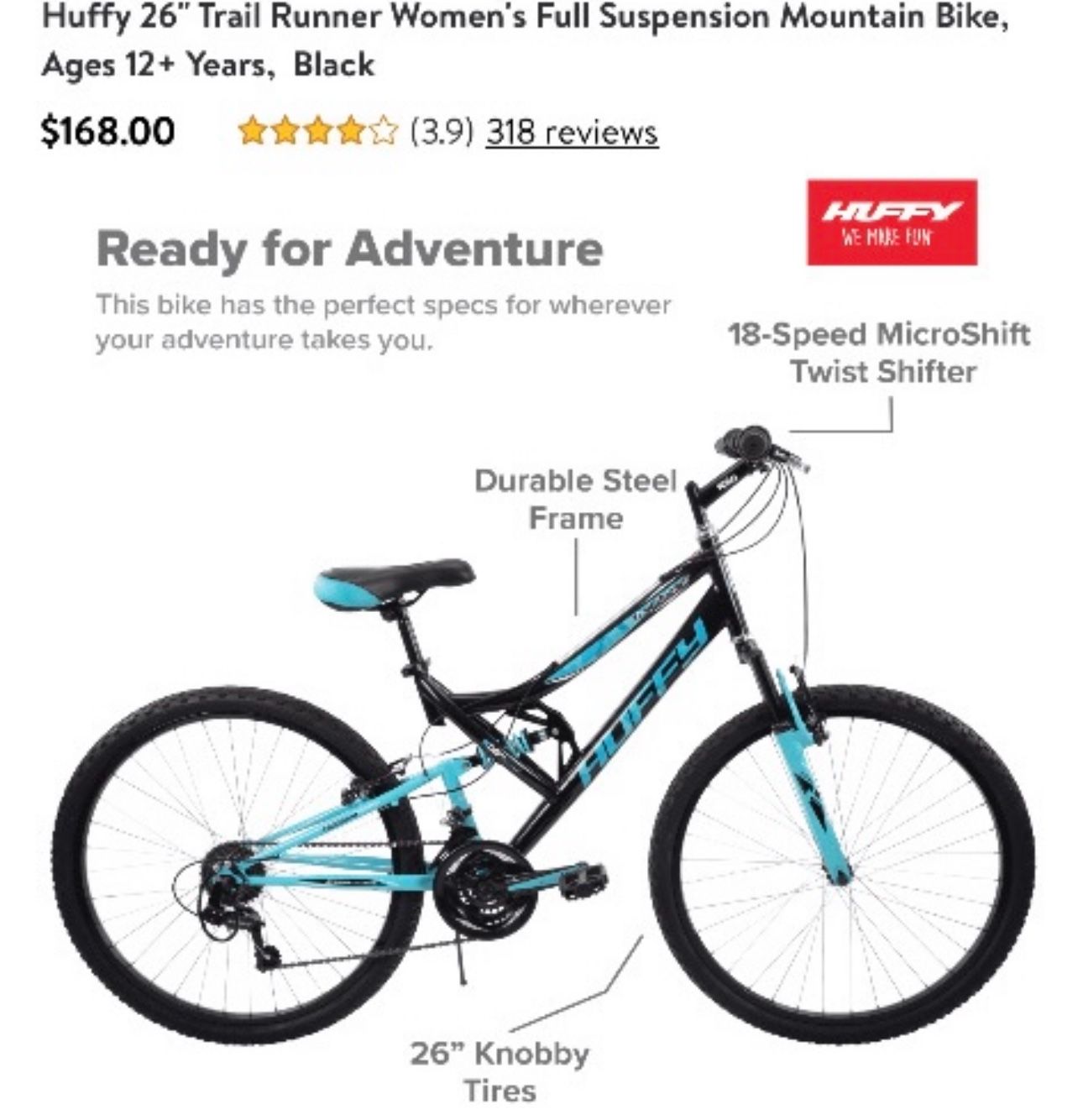 Huffy 26" Trail Runner Women's Full Suspension Mountain Bike, Ages 12+ Years, Black