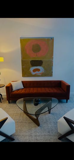Living Spaces 92” orange estate sofa chenille