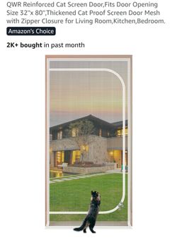 Reinforced Cat Screen Door,Fits Door Opening Size 32''x 80'',Thickened Cat Proof Screen Door Mesh with Zipper Closure for Living Room,Kitchen,Bedroom.